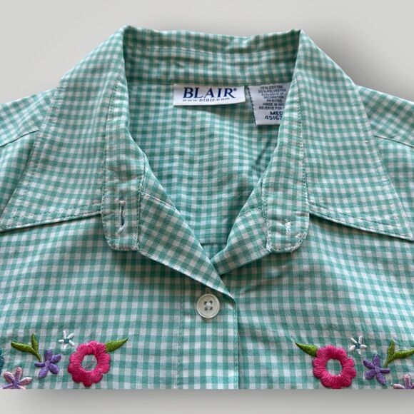 Blair Women's M Green White Checked Floral Embroidery Button Up Shirt - Picture 4 of 14
